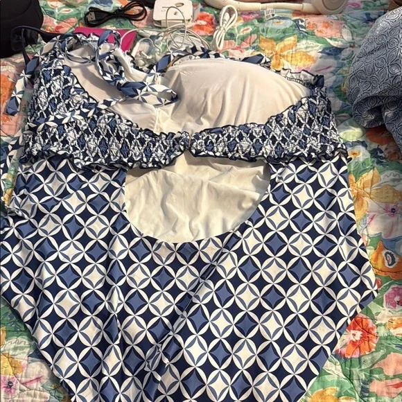 Anthropologie Blue and White Geometric One Piece Swimwear - Picture 2 of 2